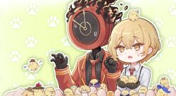  1boy 1other animal animal_on_head animalization baby_animal bird black_gloves black_shirt blade_lineage_(identity)_(project_moon) blonde_hair blue_hat cavalier_hat chibi chick cinq_association_south_uniform clock collared_shirt commentary dante_(limbus_company) dawn_office_(identity)_(project_moon) devyat'_association_north_uniform drop_shadow dysp3ps1a e.g.o_(project_moon) egg gloves green_background hat heishou_pack-you_branch_(identity)_(project_moon) highres holding holding_animal jacket limbus_company los_mariachis_(identity)_(project_moon) middle_(identity)_(project_moon) molar_boatworks_(identity)_(project_moon) n_corp._fanatic_(identity)_(project_moon) necktie nervous_sweating object_head on_head open_mouth outline partially_cracked_egg paw_print paw_print_background pinky_(identity)_(project_moon) project_moon red_jacket red_necktie red_sheet_(e.g.o) shirt short_hair sinclair_(project_moon) surprised suspenders sweat talisman technology_liberation_alliance_(identity)_(project_moon) thumb_(identity)_(project_moon) untranslatable_commentary white_shirt yellow_eyes zwei_association_south_(identity)_(project_moon) zwei_association_west_uniform 