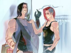  1boy 1girl 9022fr asymmetrical_hair black_hair black_tank_top cyberpunk_(series) cyberpunk_2077 highres johnny_silverhand mechanical_arms red_hair sidecut single_mechanical_arm smoking tank_top undercut upper_body v_(cyberpunk) valerie_(cyberpunk) 