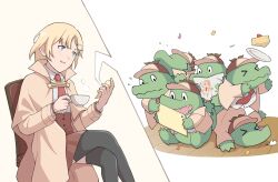  absurdres alligator blonde_hair blue_eyes cake cake_slice chair coat confetti copyright_request crocodilian drawing_(object) food happy_birthday highres jhgardener monocle necktie phone plaid_clothes plaid_skirt red_necktie shirt short_hair sitting skirt tea thigh-highs watson_amelia white_shirt wooden_floor 
