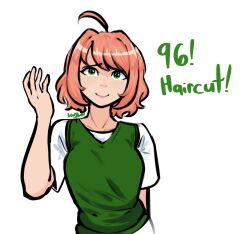  1girl alternate_hairstyle artist_name ashytown breasts closed_mouth doki_doki_literature_club english_text green_eyes green_vest hand_up highres large_breasts looking_at_viewer raised_inner_eyebrows shirt short_hair short_sleeves simple_background smile solo upper_body vest white_background white_shirt 