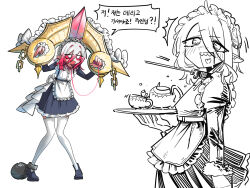  1girl alternate_costume animal_collar apron black_dress bound bound_wrists briar_(league) chained_wrists collar colored_sclera colored_skin dress enmaided frilled_apron frilled_dress frills grey_hair hair_between_eyes highres holding holding_tray knees_together_feet_apart league_of_legends leash long_hair maid maid_apron maid_headdress multicolored_hair no_pupils open_mouth parvus_daemonh pillory pink_hair pink_sclera pointy_ears puffy_sleeves sharp_teeth simple_background solo teeth tray two-tone_hair vampire waist_apron white_apron white_eyes wrist_cuffs 