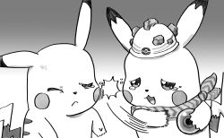 bandana bandana_around_neck choice_scarf commentary_request crying crying_with_eyes_open fukuda_nao gradient_background greyscale hard_hat helmet highres holding holding_orb in_the_face life_orb monochrome no_humans orb pikachu pokemon pokemon:_the_first_movie_-_mewtwo_strikes_back pokemon_(anime) pokemon_(classic_anime) pokemon_(creature) pokemon_focus rocky_helmet_(pokemon) slapping tears 