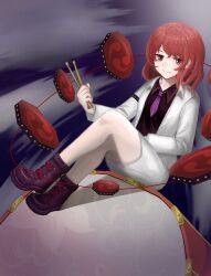  1girl absurdres boots closed_mouth commentary_request drum drumsticks highres holding holding_drumsticks horikawa_raiko instrument jacket lace-up_boots long_sleeves looking_at_viewer medium_hair necktie oldyazhi purple_boots purple_necktie red_eyes red_hair shirt simple_background sitting_on_drum skirt smile solo taiko_drum touhou white_jacket white_skirt 