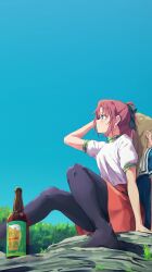  2girls absurdres beer_bottle black_pantyhose black_ribbon blonde_hair blue_dress blue_eyes blue_sky bottle commentary_request day dress hair_ribbon highres kamiina_botan_yoeru_sugata_wa_yuri_no_hana kitamori_yaeka long_hair mororo_ilust multiple_girls no_shoes orange_skirt outdoors pantyhose pink_hair ponytail ribbon sailor_collar shirt sitting skirt sky white_sailor_collar white_shirt yusa_akane 