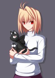  2girls absurdres animal animal_ear_fluff animal_ears arcueid_brunestud black_bow black_cat blonde_hair blush bow breasts cat cat_ears cat_tail grey_background hair_between_eyes highres holding holding_animal holding_cat kagetsu_tooya len_(cat)_(tsukihime) len_(tsukihime) light_blush light_smile long_skirt looking_at_viewer multiple_girls purple_skirt red_eyes redrawn sakurello short_hair simple_background single_hair_intake skirt slit_pupils smile sweater tail tsukihime turtleneck turtleneck_sweater white_sweater 