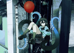  absurdres armband balloon bandage_on_knee basket bicycle bicycle_basket black_armband black_bow black_bowtie black_eyes black_hair black_horns black_shoes black_skirt black_socks blue_sweater bow bowtie building collared_shirt commentary_request demon_horns full_body gradient_tentacles happa_de_happy highres horns in_basket in_container indie_virtual_youtuber loafers long_hair looking_at_viewer loose_bowtie miniskirt muted_colors open_collar outdoors photo_background pleated_skirt ringed_eyes school_uniform shirt shoes sitting skirt sleeves_past_wrists small_horns socks stitched_neck stitches sweater tentacle_tail tentacles urban virtual_youtuber yamata_ia 