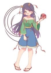  1girl :d absurdres black_hair blue_shorts blush breasts collarbone commentary cone_horns dot_nose flip-flops frilled_shorts frills full_body green_shirt green_skirt hand_up heel_up highres holding holding_skull horn_ornament horn_ribbon horns long_hair looking_at_viewer nippaku_zanmu nora_koutya off-shoulder_shirt off_shoulder oni open_mouth pigeon-toed red_eyes red_ribbon ribbon sandals shirt shorts simple_background skirt skull small_breasts smile solo standing straight_hair tassel touhou very_long_hair white_background wide_sleeves yellow_horns yellow_trim 