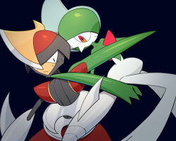 2others annoyed arm_blade arm_up behind_another bisharp black_background blade_to_throat colored_skin cowboy_shot crossed_arms facing_to_the_side fake_horns gallade green_hair green_skin grey_skin heads_together helmet high_contrast highres horned_helmet horns knee_up looking_ahead midair mohawk multicolored_skin multiple_others pokemon pokemon_(creature) pokemon_focus red_eyes red_trim ringringbell2001 shoulder_pads skirt sweatdrop thick_thighs thighs two-tone_skin weapon white_skin wide_hips 