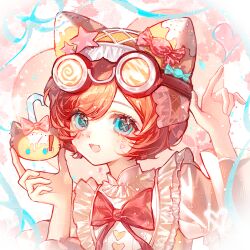  1girl :3 absurdres animal_ear_hairband animal_ears blue_eyes bow bowtie candy_hair_ornament cat_ear_hairband cat_ears chinese_commentary commentary_request commission facial_mark fake_animal_ears fangs food food-themed_hair_ornament frilled_shirt frills goggles goggles_on_head hair_ornament hairband hands_up heart heart_facial_mark highres holding holding_food identity_v looking_at_viewer open_mouth orange_hair parted_bangs portrait qingzheng_xuan red_bow red_bowtie shirt shirt_bow short_hair short_sleeves smile solo star_(symbol) star_hair_ornament symbol-shaped_pupils tracy_reznik tracy_reznik_(candy_girl) white_shirt x-shaped_pupils yellow_hairband 