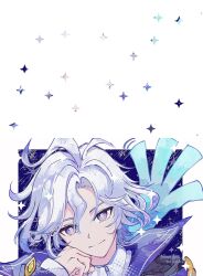  1boy ahoge artist_name ascot black_jacket blue_background blue_hair blue_scarf border bright_pupils clenched_hand closed_mouth collared_jacket collared_shirt commentary_request four-pointed_star genshin_impact hair_between_eyes hand_on_own_face hand_up high_collar highres jacket long_sleeves looking_at_viewer male_focus mitya_(genshin_impact) open_clothes open_jacket outside_border purple_jacket scarf shirt short_hair smile solo sparkle star_(symbol) star_symbol_background tamadon_(tamadonoekaki) two-sided_fabric two-sided_jacket upper_body violet_eyes watermark wavy_hair white_ascot white_border white_pupils white_shirt 