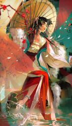  1girl absurdres barefoot black_hair blue_ribbon forehead_jewel full_body highres holding holding_umbrella jewelry jishikou koizumi_akako leg_ribbon long_hair long_skirt long_sleeves magic_kaito necklace oil-paper_umbrella parted_lips red_eyes red_skirt ribbon shirt sitting skirt solo splashing umbrella water white_shirt wide_sleeves 