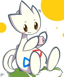  artist_name blush brown_eyes closed_mouth commentary_request cup cushion highres looking_at_viewer no_humans on_cushion pokemon pokemon_(creature) pokemon_focus sanusanu signature simple_background sitting smile solo togetic white_background yellow_circle 