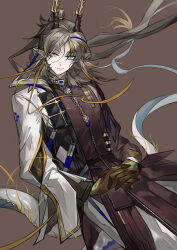  1boy absurdres arknights asymmetrical_sleeves blonde_streaks blue_streaks brown_background brown_hair brown_hands brown_robe cen_(acheng02806053) chinese_clothes closed_mouth colored_extremities cowboy_shot dragon_boy dragon_horns dragon_tail earrings eastern_dragon_horns eastern_dragon_tail floating_hair half_updo highres horns interlocked_fingers jewelry ji_(arknights) long_hair long_sleeves looking_at_viewer male_focus medium_hair mismatched_sleeves mole mole_on_armpit multicolored_hair own_hands_together pants parted_bangs pelvic_curtain pendant pointy_ears ribbon robe simple_background smile solo streaked_hair tail topknot very_long_hair white_pants white_sleeves yellow_eyes yellow_ribbon 