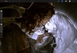  1boy 1girl art_program_in_frame brown_coat brown_hair coat crying empty_eyes erlking_heathcliff_(project_moon) every_catherine_(project_moon) frilled_sleeves frills ghost highres hug imminent_kiss juliet_sleeves lapels limbus_company long_hair long_sleeves notched_lapels project_moon puffy_sleeves scarf sheenjoelle wavy_hair white_scarf 