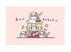  1girl :3 ascot assist_(2828) black_eyes blonde_hair bow commentary_request creature_on_head crystal_wings flandre_scarlet hat hat_bow highres mob_cap musical_note pink_background red_bow short_hair short_sleeves solid_circle_eyes sukusuku_hakutaku touhou translation_request white_hat wings yellow_ascot 