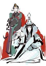  2girls absurdres balance_scale behind_another black_fur black_hair blue_robe boqta boraqchin_(tenmaku_no_jaadugar) chinese_commentary commentary_request deel earrings freckles full_body fur-trimmed_robe fur_trim grey_hair hair_bun head_ornament highres holding_scale jewelry layered_clothes long_sleeves moge_(tenmaku_no_jaadugar) mongolian_clothes multiple_girls old old_woman open_clothes open_robe robe sitting sleeves_past_fingers sleeves_past_wrists smile smirk standing tenmaku_no_jaadugar weighing_scale white_background yitiao_joyu yuri 