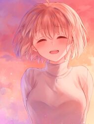  1girl antenna_hair arcueid_brunestud arms_behind_back birthday blonde_hair blush breasts closed_eyes commentary_request facing_viewer hair_between_eyes happy_birthday highres hoshino_(gmve4cc) jewelry large_breasts necklace open_mouth scene_reference shade short_hair single_hair_intake smile solo sunset sweater teeth tsukihime tsukihime_(remake) turtleneck turtleneck_sweater upper_body upper_teeth_only white_sweater 