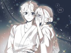  1boy 1girl akehoshi_subaru anzu_(ensemble_stars!) blurry blush bokeh closed_mouth covering_own_mouth depth_of_field ensemble_stars! greyscale_with_colored_background hair_bun hand_up japanese_clothes jjora kimono light_particles long_sleeves looking_at_another short_hair speech_bubble upper_body whispering_in_ear yukata 