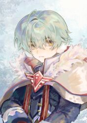  1boy absurdres ahoge alyosha_(genshin_impact) black_jacket black_shirt blue_background brown_cape cape closed_mouth commentary_request earmuffs expressionless eyelashes floral_background freckles fur-trimmed_cape fur_trim genshin_impact green_hair hair_between_eyes highres hood hooded_cape jacket lips long_sleeves looking_at_viewer male_focus nanomaki_1027 shirt short_hair solo turtleneck turtleneck_shirt upper_body yellow_eyes 