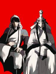  1boy 1girl absurdres black_fur black_hair boqta boraqchin_(tenmaku_no_jaadugar) chinese_commentary chinstrap commentary_request deel expressionless figure_four_sitting freckles full_body fur-trimmed_robe fur_trim grey_hair hand_on_own_leg hat highres holding holding_plate layered_clothes long_sleeves looking_at_viewer mongolian_clothes ogedei_(tenmaku_no_jaadugar) old old_woman open_clothes open_robe pants partially_shaded_face plate red_background robe shoes sitting sleeves_past_fingers sleeves_past_wrists sokiiiiiiovo tenmaku_no_jaadugar 