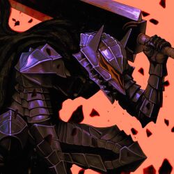  1boy armor berserk berserker_armor black_armor black_cape cape dragonslayer_(sword) full_armor greatsword guts_(berserk) highres holding holding_sword holding_weapon horns male_focus open_mouth sharp_teeth solo sword teeth two-handed_sword weapon yonomzasic 