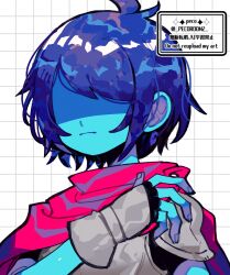  1other androgynous armor artist_name black_bodysuit blue_hair blue_skin bodysuit breastplate cape closed_mouth colored_skin commentary_request deltarune expressionless gauntlets grid_background hand_up kris_(dark_world)_(deltarune) kris_(deltarune) loose_hair_strand no_eyes other_focus pauldrons pink_cape repikinoko shaded_face short_hair shoulder_armor sidelocks twitter_username upper_body utdr_(toby_fox) watermark white_background 