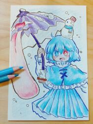  1girl :d absurdres art_tools_in_frame blue_capelet blue_eyes blue_hair blue_skirt capelet colored_pencil_(medium) commentary_request cowboy_shot heterochromia highres holding holding_umbrella long_sleeves looking_at_viewer open_mouth pleated_skirt purple_umbrella red_eyes salt_(saltty) short_hair skirt smile snow snowman solo tatara_kogasa tongue tongue_out touhou traditional_media umbrella 