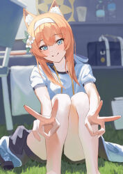  1girl animal_ear_fluff animal_ears black_jacket black_shorts blue_archive blue_eyes blurry blurry_background cat_ears cat_girl closed_mouth clothes_around_waist commentary double_v flower gym_uniform hair_flower hair_ornament hairband halo highres jacket jacket_around_waist knees_up long_hair looking_at_viewer mari_(blue_archive) mari_(track)_(blue_archive) on_ground orange_hair shirt shorts sitting smile solo ushimo_(dztu8434) v white_flower white_hairband white_shirt yellow_halo 