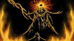  00osamio00 2boys absurdres black_background burning_head dual_wielding elden_ring elden_ring:_shadow_of_the_erdtree emaciated fire full_body giant highres holding midra_lord_of_frenzied_flame multiple_boys outstretched_arms simple_background spread_arms standing tarnished_(elden_ring) topless_male torn_clothes 
