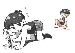  2boys all_fours antenna_hair arm_support black_eyes black_hair black_socks black_sweater_vest black_tank_top bright_pupils closed_mouth collared_shirt colored_skin commentary_request double-parted_bangs grey_shorts hair_between_eyes looking_at_another male_focus multiple_boys omori omori_(omori) parted_lips shirotsume_143 shirt short_sleeves shorts simple_background sitting socks spoilers striped_clothes striped_shorts sunny_(omori) sweatdrop sweater_vest tank_top translation_request twitter_username vertical-striped_clothes vertical-striped_shorts white_background white_eyes white_pupils white_shirt white_skin white_socks 