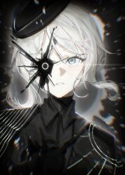  1girl black_hat black_shirt blue_eyes chromatic_aberration collared_shirt e.g.o_(project_moon) faust_(project_moon) hat highres hollow_(e.g.o) jacket light_particles lim02_bu limbus_company looking_at_viewer one_eye_covered parted_lips portrait project_moon shirt short_hair sidelocks solo tilted_headwear upper_body upturned_eyes white_hair 