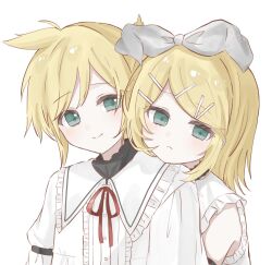  1boy 1girl 25-ji_len 25-ji_rin alternate_costume aqua_eyes blonde_hair bow bow_hairband brother_and_sister center_frills empty_eyes frills grey_bow grey_sleeves hair_ornament hairband hairclip head_on_another's_shoulder highres kagamine_len kagamine_rin looking_at_viewer neck_ribbon orkaj_93 parallel_hairclips ponytail project_sekai ribbon shirt short_hair short_ponytail siblings simple_background sleeveless sleeveless_shirt smile upper_body vocaloid white_background white_shirt 