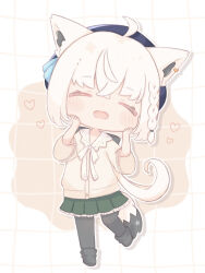  1girl ahoge animal_ear_piercing animal_ears beret blush_stickers boots braid cardigan chibi chibi_only closed_eyes commentary earrings fox_ears fox_girl fox_tail frilled_skirt frills full_body grid_background hands_on_own_cheeks hands_on_own_face hat head_tilt heart highres hololive jewelry long_hair low_ponytail neck_ribbon open_mouth pantyhose pleated_skirt ponytail ribbon sakurappuccino shirakami_fubuki shirakami_fubuki_(street) short_hair side_braid single_earring skirt smile solo standing standing_on_one_leg tail untranslatable_commentary very_long_hair virtual_youtuber white_hair 