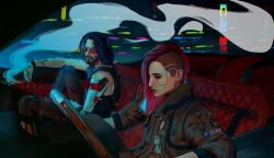  1boy 1girl asymmetrical_hair black_hair brown_jacket car_interior cigarette commentary cyberpunk cyberpunk_(series) cyberpunk_2077 facial_hair glitch hair_ornament hairclip highres holding holding_cigarette jacket johnny_silverhand kirrosav mechanical_arms sidecut single_mechanical_arm smoking sunglasses undercut v_(cyberpunk) valerie_(cyberpunk) 