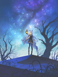  1girl animal_ears arm_up banjie bare_tree belt black_boots black_dress black_leggings black_pantyhose blue_eyes boots chinese_commentary coat commentary_request dress fluffy_tail grey_hair highres hill holding holding_lantern lantern leggings light_smile long_hair long_sleeves looking_at_viewer nature night open_clothes open_coat original outdoors pantyhose scenery sky solo standing star_(sky) starry_sky tail tree white_coat white_hair wide_shot winter 
