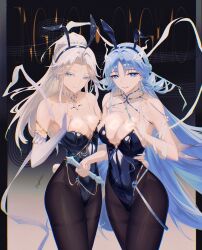  2girls absurdres alternate_costume animal_ear_hairband animal_ears bare_shoulders black_bow black_bowtie black_leotard blue_eyes blue_hair bow bowtie breasts covered_navel fake_animal_ears fiery_horns hair_ornament hair_stick hairband hand_up highres horns jingwei_(wuthering_waves) large_breasts leotard long_hair low_neckline multiple_girls parted_lips playboy_bunny qingxiao_(wuthering_waves) rabbit_ear_hairband rabbit_ears simple_background smile solo strapless strapless_leotard sword_fingers sydiiiiiii tacet_mark_(wuthering_waves) thighs white_hair wuthering_waves 