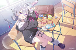  1girl :d black_cardigan brown_shoes cardigan classroom commentary day english_commentary hair_between_eyes hair_rings highres hololive hololive_english indoors jewel_under_eye koseki_bijou koseki_bijou_(serafuku) leg_warmers loafers long_hair_between_eyes looking_at_viewer metal_wings miniskirt nemoga official_alternate_costume official_alternate_hairstyle official_art open_mouth purple_hair school_uniform serafuku shirt shoes short_hair sitting skirt smile solo thigh_strap unworn_eyewear violet_eyes virtual_youtuber white_leg_warmers white_serafuku white_shirt white_skirt 