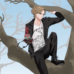  1boy animification ankh_(ooo) belt belt_buckle black_belt black_boots black_pants bone_print boots brown_hair buckle character_doll closed_mouth commentary_request curtained_hair doll gauntlets highres in_tree kamen_rider kamen_rider_ooo kamen_rider_ooo_(series) kamen_rider_ooo_(tatoba_combo) knee_up layered_clothes long_sleeves male_focus nezuiq open_clothes open_shirt pants shoelaces short_hair single_gauntlet sitting sitting_in_tree skull_print sky solo tree 