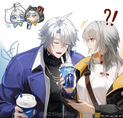  !? 1boy 1girl 625light absurdres between_breasts black_jacket black_sweater blue_coat breasts cellphone character_and_character_item chibi chibi_inset closed_eyes coat commentary cup disposable_coffee_cup disposable_cup dress drinking_straw grey_hair highres holding holding_cup holding_phone honkai:_star_rail honkai_(series) indirect_kiss jacket jewelry long_hair long_sleeves looking_at_another lower_teeth_only medium_breasts meta necklace official_alternate_costume open_clothes open_mouth open_shirt parted_lips phainon_(express_travel)_(honkai:_star_rail) phainon_(honkai:_star_rail) phone shirt short_hair simple_background smartphone stelle_(honkai:_star_rail) stelle_(world_tour_2023)_(honkai:_star_rail) strap_between_breasts sweater teeth trailblazer_(honkai:_star_rail) twitter_username upper_body white_background white_dress white_hair white_shirt yellow_eyes 