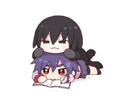  2girls :3 anger_vein bandaged_arm bandages black_eyes black_hair blush blush_stickers brown_eyes chibi chibi_only commentary dated empty_eyes frown full_body highres kanbaru_suruga looking_at_another looking_down lying lying_on_person manimani_(mani_ma) monogatari_(series) multiple_girls naoetsu_high_school_uniform notebook on_stomach oshino_ougi school_uniform simple_background skirt smile white_background writing yuri 