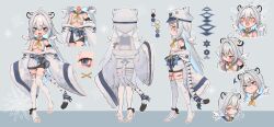  1girl absurdres ahoge animal_ears anklet armlet bare_shoulders bell bike_shorts blue_eyes blush bow bowtie closed_mouth clothes_around_waist detached_sleeves fang full_body hagoromo hair_intakes hair_ornament hair_wings hat highres jewelry multiple_views omurice_(roza4957) open_mouth original sailor_collar shawl skirt sleeveless solo standing stirrup_legwear tail thigh-highs thigh_strap tiger tiger_ears tiger_girl tiger_tail tiptoes toeless_legwear toes torn_clothes torn_thighhighs vest white_thighhighs white_tiger white_tiger_print wide_sleeves 