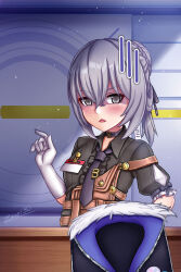  1girl artist_name black_shirt braid braided_base bronya_zaychik bronya_zaychik_(haxxor_bunny) bronya_zaychik_(old_times) brown_overalls bun_with_braided_base character_name commentary english_commentary english_text gloom_(expression) gloves grey_eyes grey_hair hair_between_eyes hair_bun hand_on_own_hip hand_up highres honkai_(series) honkai_impact_3rd id_card indoors looking_at_viewer necktie open_mouth overalls puffy_short_sleeves puffy_sleeves shaded_face shirt short_hair short_sleeves sidelocks signature single_hair_bun solo standing strap_slip textless_version triangle_mouth upper_body video_game_dialogue_box white_gloves zero130rider 
