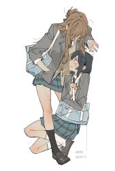  2girls absurdres bddd777 black_hair black_socks blazer brown_hair cardigan commentary_request dated grey_jacket grey_skirt highres jacket long_hair medium_hair miyagi_shiori multiple_girls plaid_clothes plaid_skirt pleated_skirt school_uniform sendai_hazuki shuuniichido_classmate_wo_kau_hanashi simple_background skirt socks white_background white_socks yellow_cardigan yuri 