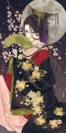  1girl black_kimono branch brown_hair cherry_blossom_print cherry_blossoms closed_mouth falling_petals floral_print flower folding_fan full_moon grey_eyes hair_ornament hair_ribbon hair_stick hand_fan highres holding holding_fan japanese_clothes kimono layered_clothes layered_kimono long_hair long_sleeves looking_at_viewer moon original petals pink_flower pink_kimono print_kimono purple_ribbon red_kimono ribbon seal_impression signature skull_print solo ushiyama_ame wide_sleeves 