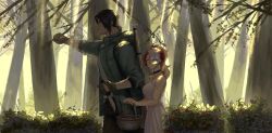  1boy 1girl absurdres arm_hair bare_shoulders basket beard_stubble belt black_choker brown_gloves brown_hair buroko404 bush choker clothing_cutout coat colored_bangs cowboy_shot dagger dappled_sunlight degrees_of_lewdity dress eden_(degrees_of_lewdity) eden_(male)_(degrees_of_lewdity) expressionless facial_hair forest from_side glove_cutout gloves green_coat gun hand_up height_difference highres holding holding_basket holding_dagger holding_knife holding_weapon knife long_hair looking_ahead low_ponytail nature o-ring o-ring_choker open_clothes open_coat original outdoors parted_bangs player_character_(degrees_of_lewdity) player_character_(female)_(degrees_of_lewdity) ponytail profile red_hair rifle shirt sleeveless sleeveless_dress stubble sundress sunlight turning_head walking weapon white_dress white_eyes white_hair white_shirt yellow_eyes 