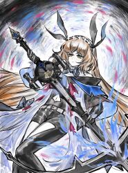  1girl adapted_costume an233gle anchor black_bow black_bowtie black_capelet black_gloves black_pants black_ribbon bow bowtie brown_hairband capelet chinese_commentary clothing_cutout commentary_request e.g.o_(project_moon) feet_out_of_frame freckles gloves hair_ribbon hairband highres holding holding_anchor ishmael_(project_moon) limbus_company liquid_clothes long_hair multiple_hair_ribbons navel navel_cutout off-shoulder_capelet orange_hair pants project_moon ribbon sidelocks solo thigh_cutout tidal_elegy_(e.g.o) twitter_username very_long_hair yellow_eyes 