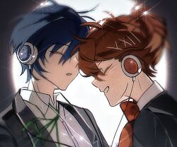  1boy 1girl aaafiree black_jacket blue_hair closed_eyes collared_shirt gekkoukan_high_school_uniform grin headphones highres jacket number-shaped_hands open_clothes open_jacket persona persona_3 persona_3_portable ponytail portrait red_hair school_uniform shiomi_kotone shirt short_hair smile white_shirt yuuki_makoto_(persona_3) 
