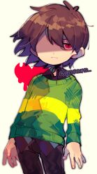  1other androgynous artist_name black_pants black_shirt brown_hair closed_mouth collared_shirt commentary_request cowboy_shot deltarune double-parted_bangs eyes_visible_through_hair green_sweater hair_over_one_eye heart kris_(deltarune) looking_at_viewer loose_hair_strand one_eye_in_shadow other_focus pants red_eyes repikinoko shaded_face shirt short_hair simple_background solo soul_(character)_(deltarune) striped_clothes striped_sweater sweater twitter_username two-tone_sweater utdr_(toby_fox) white_background 