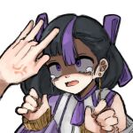  1boy 1girl anger_vein crying crying_with_eyes_open earrings flick forehead_flick goddess_of_victory:_nikke jewelry long_sleeves medium_hair multicolored_hair nijigen_blueshy open_mouth purple_hair scared simple_background sleeves_past_wrists syuen_(nikke) tears violet_eyes white_background 