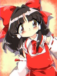  1girl ascot blush bow brown_eyes brown_hair chromatic_aberration closed_mouth commentary_request cowboy_shot detached_sleeves embodiment_of_scarlet_devil frilled_shirt_collar frills hair_bow hair_tubes hakurei_reimu highres long_hair red_ascot red_bow red_shirt red_skirt retro_artstyle s_sya_rin shirt sidelocks skirt skirt_set sleeveless sleeveless_shirt smile solo touhou white_sleeves 